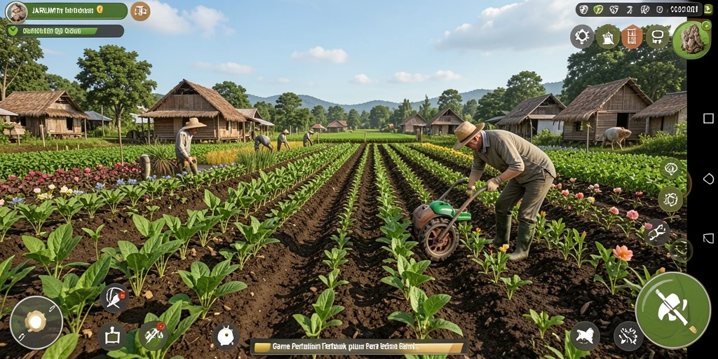 Tampilan gameplay pertanian yang mengasyikkan dengan berbagai tanaman dan hewan.