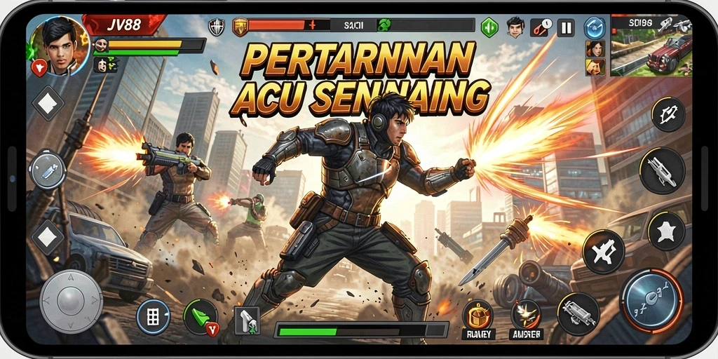 Screenshot utama JV88 menampilkan pertarungan seru antara karakter yang beraksi.
