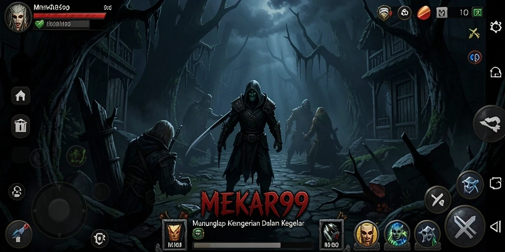 Screenshot gameplay MEKAR99 menunjukkan momen menegangkan di dalam rumah berhantu.