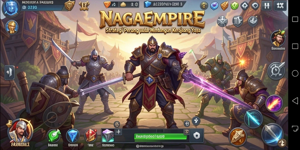 Screenshot permainan NAGAEMPIRE menampilkan pertarungan strategis yang epik.