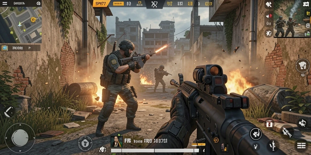 Screenshot utama SPY77 menampilkan aksi seru dalam permainan FPS.